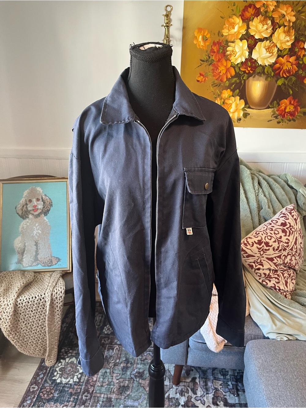 Men’s Vintage Dark Navy Zip-Front Work Jacket Big Bill L